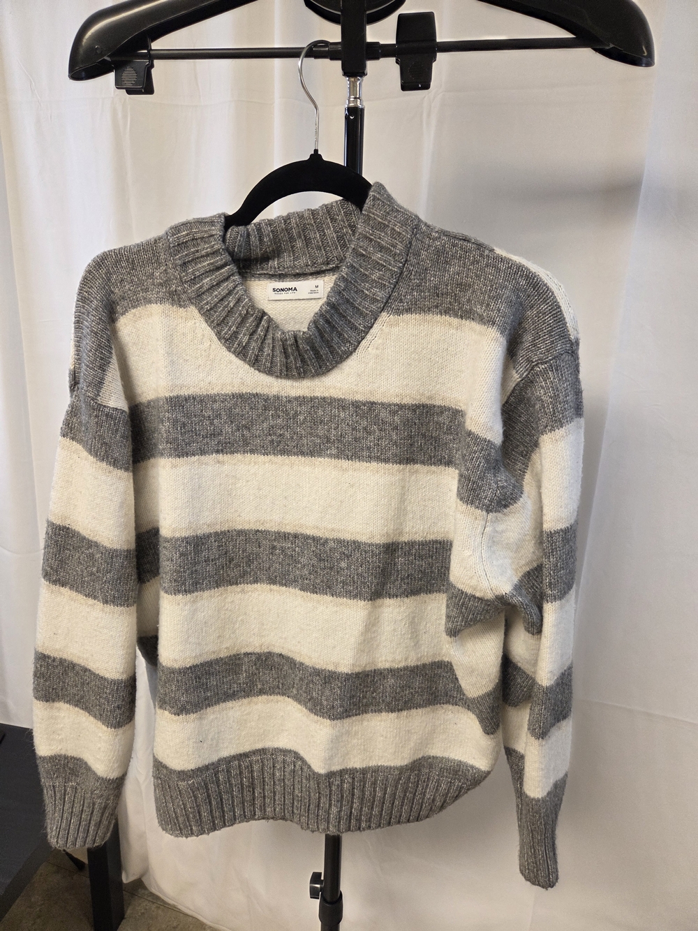 Sonoma Gray and Cream Wide Stripe Crewneck Sweater